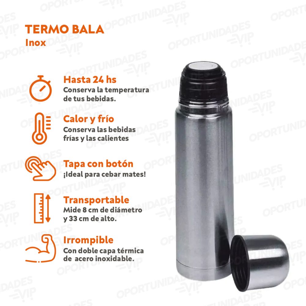 Termo bala con tapón metálico Inox – 1 Litro