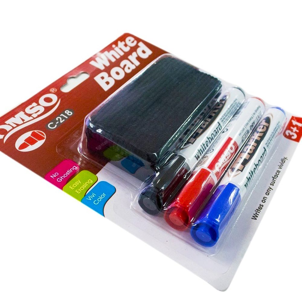 Marcadores azul, rojo y negro para pizarra+ Borrador de plástico