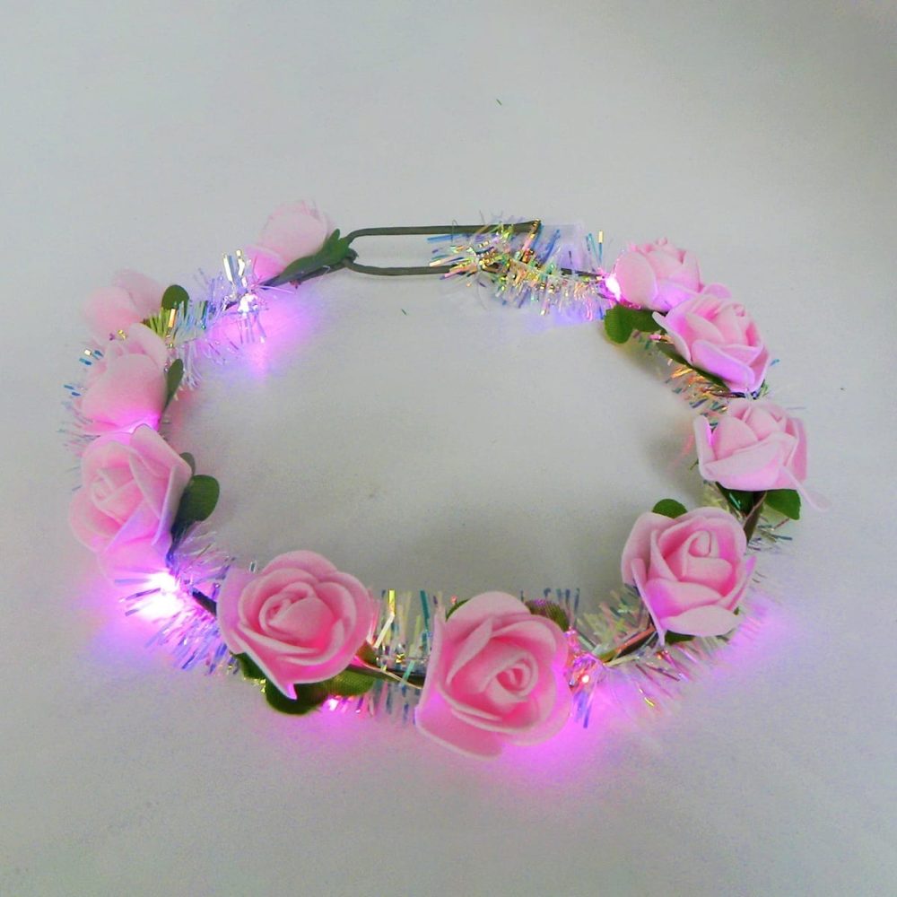 corona vincha flores rosas hippie hawaiana luz led 4