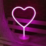 Lampara de neon velador con forma corazón con luz led y base