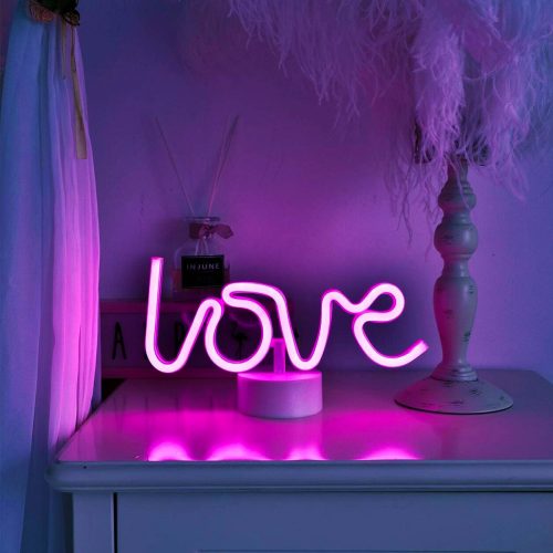 Lampara de neon velador con forma de LOVE con luz led y base