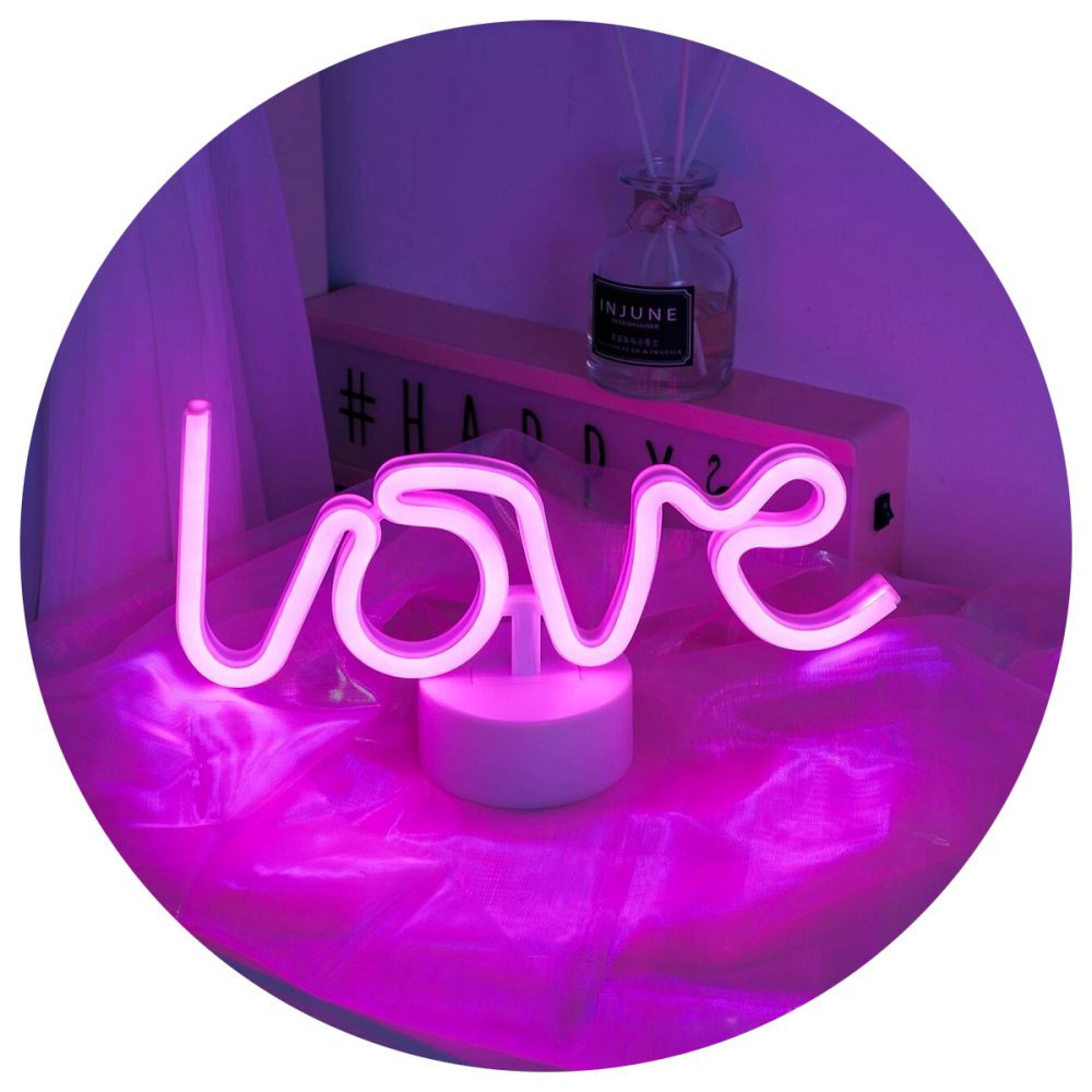 Lampara de neon velador con forma de LOVE con luz led y base