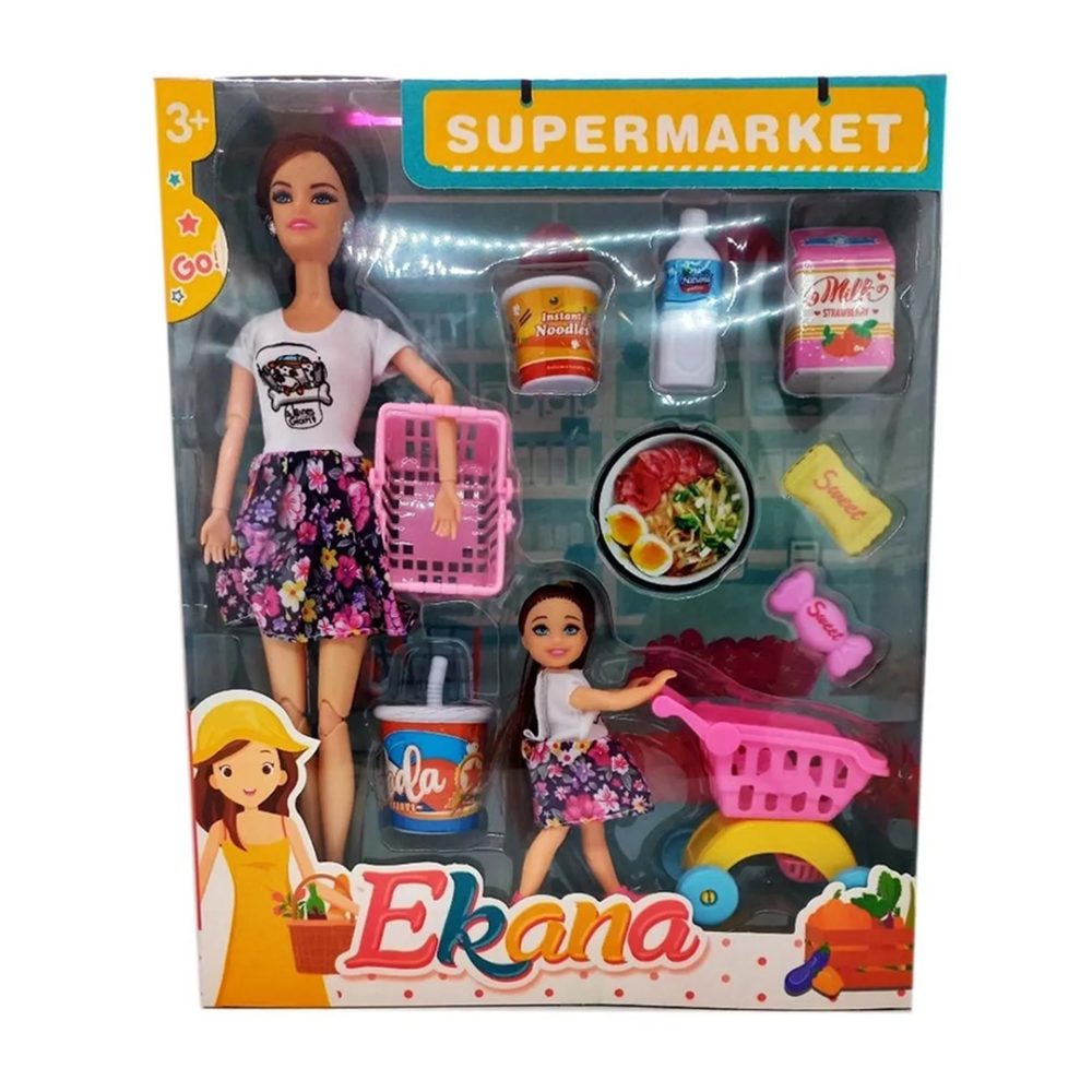 Muñecas madre e hija articulada con accesorios de supermercado