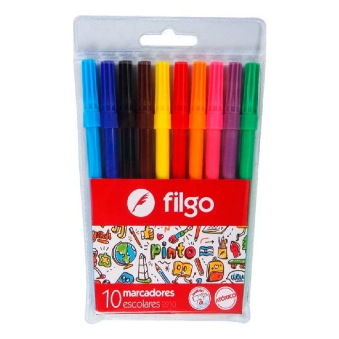 Caja X 10 marcadores fibras de colores filgo para dibujo colegio 2210