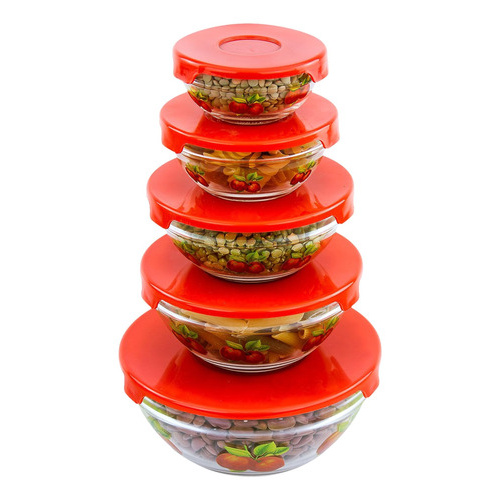 Set 5 bowls de vidrio tapa plástica apilables microondas