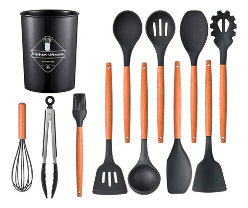 Set Utensilios Kit X12 Silicona De Cocina Mango Madera 90493 - Image 6