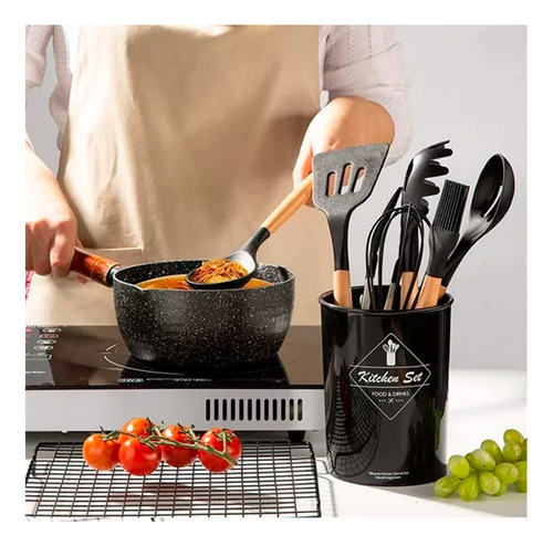 Set Utensilios Kit X12 Silicona De Cocina Mango Madera 90493 - Image 2
