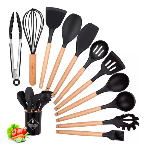 Set Utensilios Kit X12 Silicona De Cocina Mango Madera 90493 - Image 1