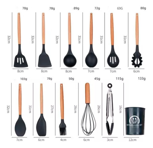 Set Utensilios Kit X12 Silicona De Cocina Mango Madera 90493 - Image 3