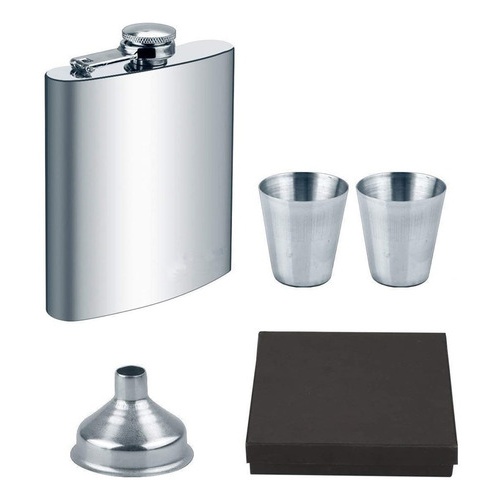 Petaca Acero Whisky 200cc + Dosificador Botella + 2 Chupitos
