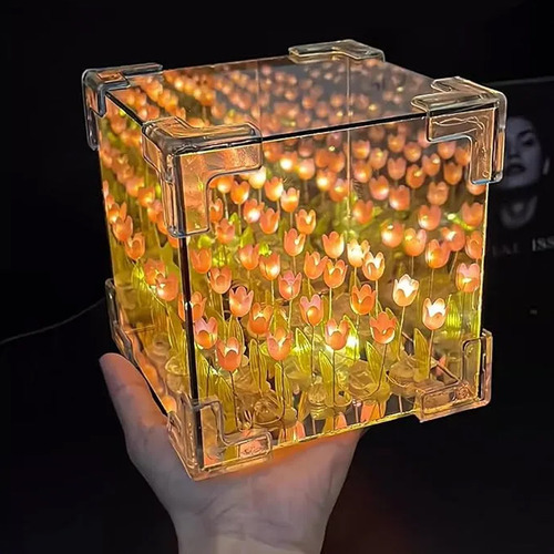 Lámpara cubo LED con tulipanes espejo 3D - Image 3