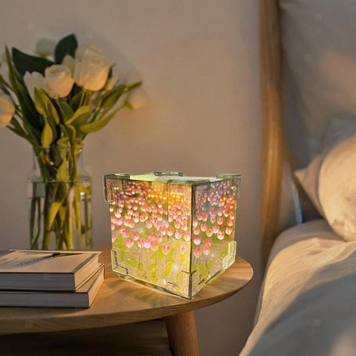 Lámpara cubo LED con tulipanes espejo 3D - Image 2