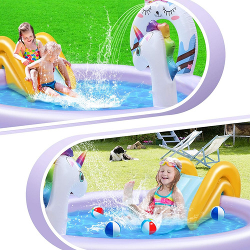 Pileta unicornio arcoíris inflable con tobogán y spray 22968 - Image 7