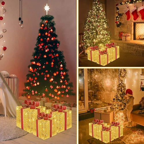 Set X3 Cajas Regalo Adorno Árbol Navidad Luz Led Calida 220v - Imagen 3
