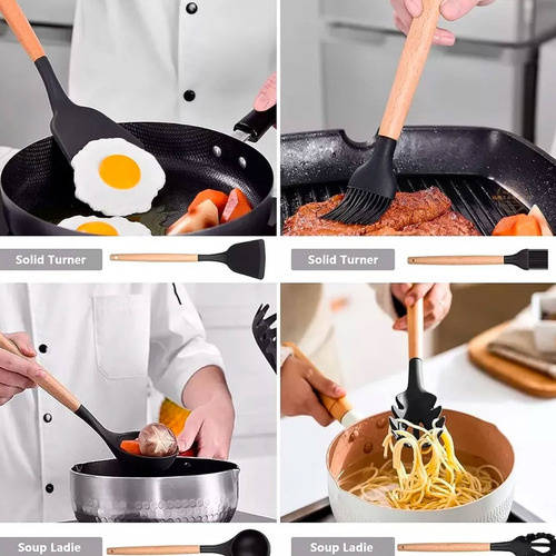 Set Utensilios Kit X12 Silicona De Cocina Mango Madera 90493 - Image 29