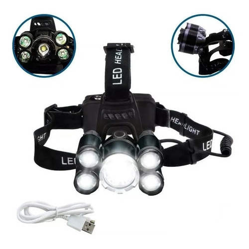 Linterna Vincha 5 Leds Cabeza Minero Recargable Usb 4 Modos