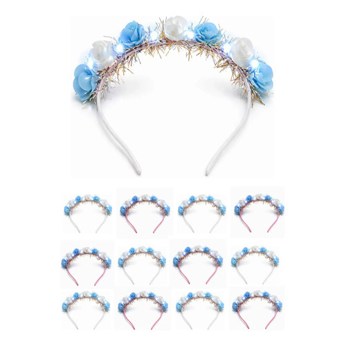 Pack X12 Vinchas Argentina Con Flores Y Luz Luminosa Cv6501 Celeste Y Blanco