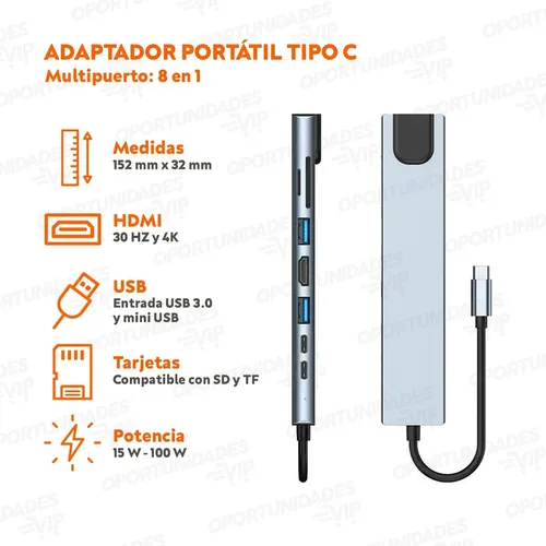 Adaptador hub multipuerto portátil USB tipo c hdmi 8 en 1 - Image 3