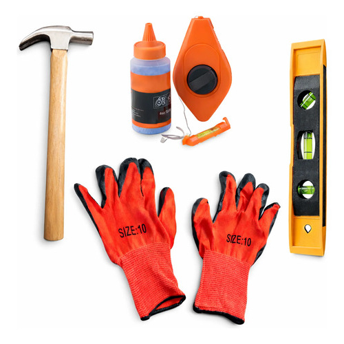 Combo albañil chocla líneas nivel martillo y guantes