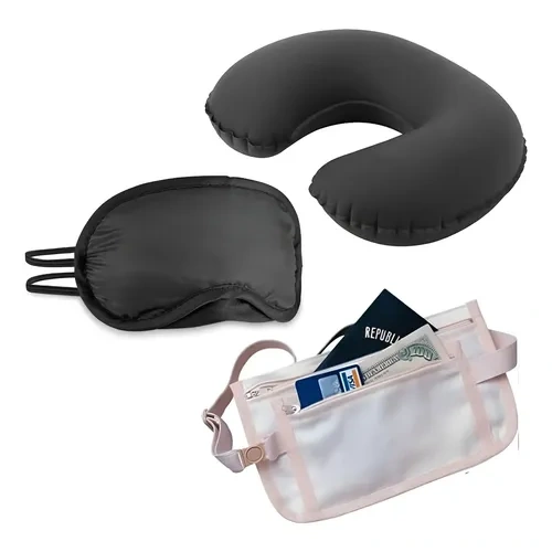 Combo Almohada Inflable + Riñonera Antirobo + Antifaz Dormir