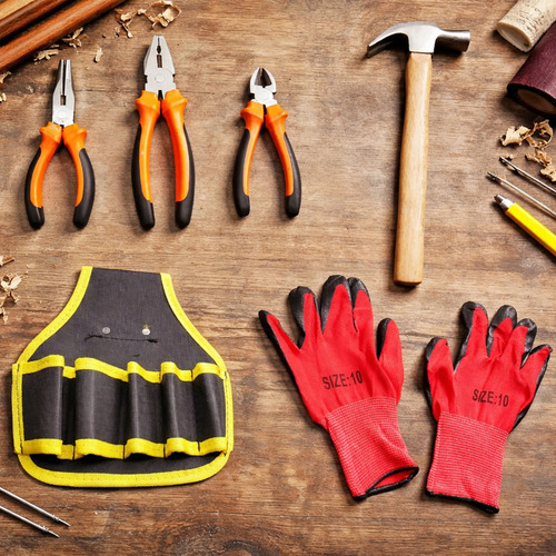 Combo guantes de trabajo 3 pinzas martillo y cinturón