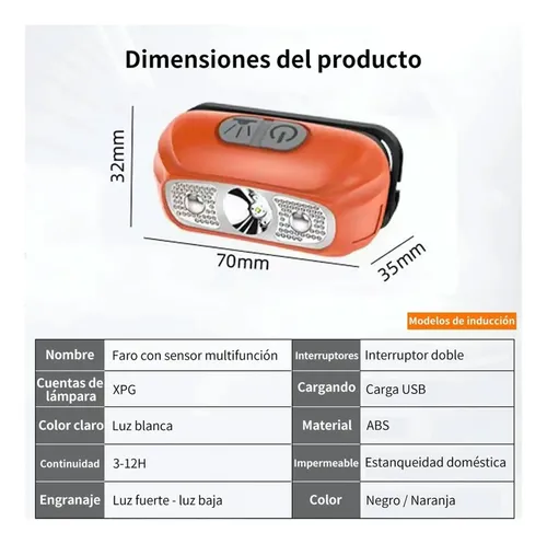 Linterna minero led vincha recargable usb con sensor et8776 - Image 6