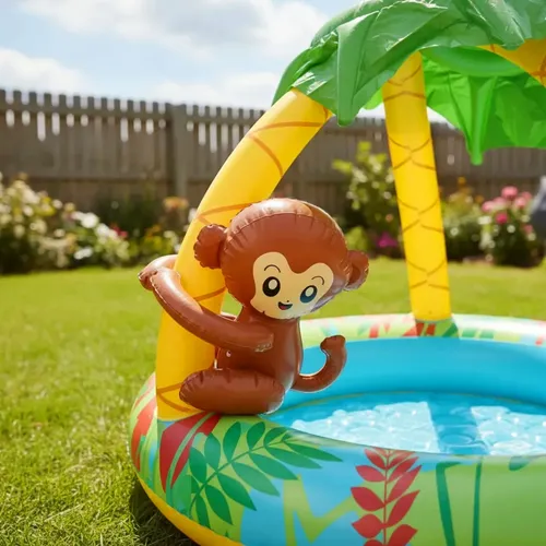 Pileta inflable para bebés con techo palmera y mono - Imagen 3