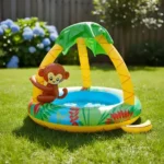 Pileta inflable para bebés con techo palmera y mono - Imagen 8