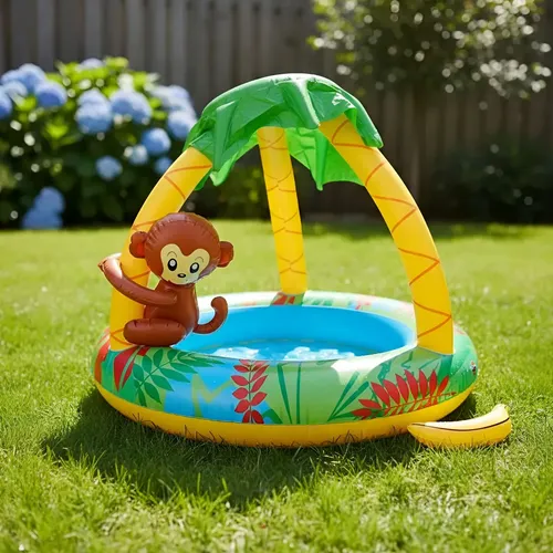 Pileta inflable para bebés con techo palmera y mono - Imagen 8