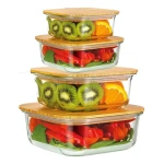 Set X4 contenedores de vidrio cuadrados con tapa bambú 25515