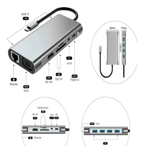 Switch 4k 11 En 1 Adaptador Hub Tipo C Hdtv Para Pc Tv Sw942 - Image 6