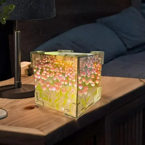 Lámpara cubo LED con tulipanes espejo 3D - Image 7