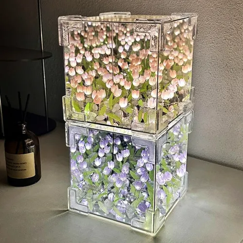 Lámpara cubo LED con tulipanes espejo 3D - Image 11
