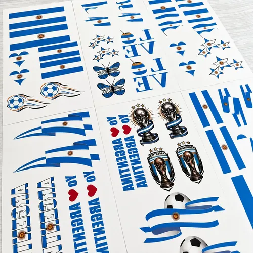 Pack X48 planchas de tatuajes temporales selección Argentina mundial celeste y blanco