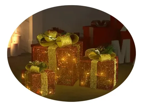 Set X3 Cajas Regalo Adorno Árbol Navidad Luz Led Calida 220v - Imagen 13