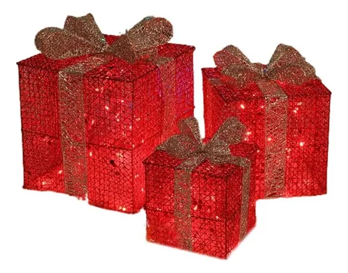 Set X3 Cajas Regalo Adorno Árbol Navidad Luz Led Calida 220v - Imagen 9
