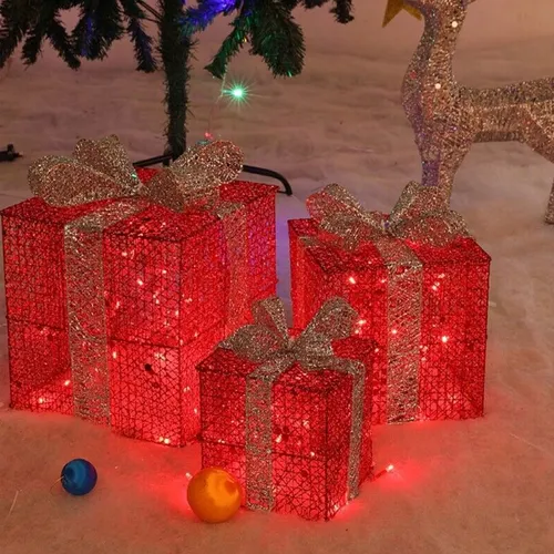 Set X3 Cajas Regalo Adorno Árbol Navidad Luz Led Calida 220v - Imagen 10