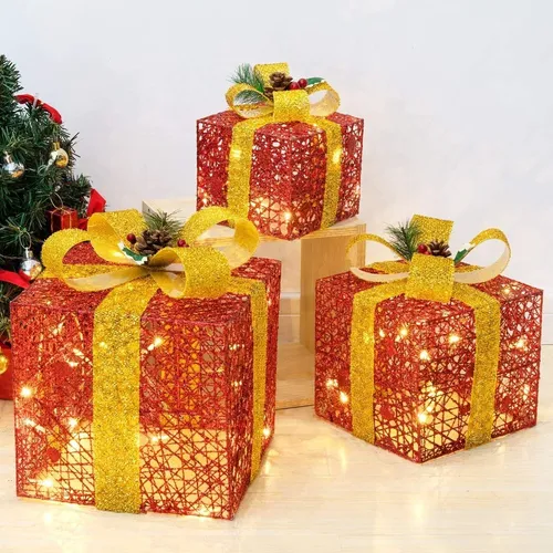 Set X3 Cajas Regalo Adorno Árbol Navidad Luz Led Calida 220v - Imagen 12