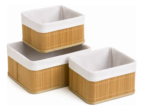 Set X3 canastos organizadores de bambú tela y madera Zm05 - Image 9