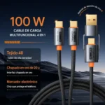 Cable Usb Mallado 4 En 1 Cagador Datos Reforzado 100w T-xs11 Negro - Imagen 5