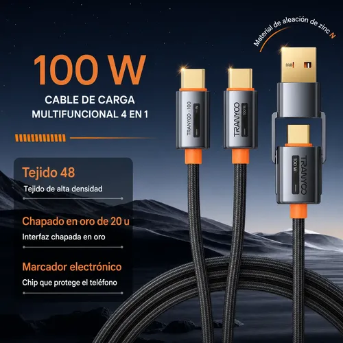 Cable Usb Mallado 4 En 1 Cagador Datos Reforzado 100w T-xs11 Negro - Imagen 5