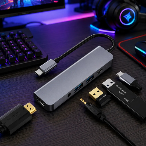 Hub Usb 5 En 1 Pd Hdmi 4k Audio 3.5m Para Pc Mac Byl-2009 Gris - Imagen 3