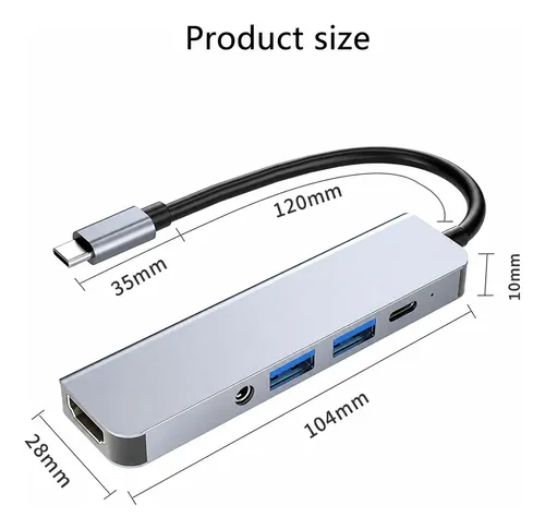 Hub Usb 5 En 1 Pd Hdmi 4k Audio 3.5m Para Pc Mac Byl-2009 Gris - Imagen 6