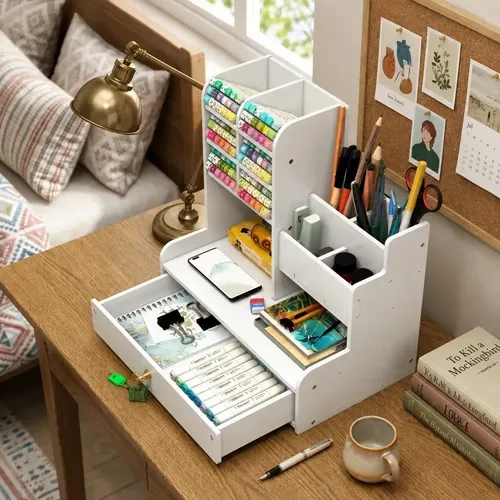 Organizador de escritorio con cajón para accesorios lápices y maquillaje - Imagen 3