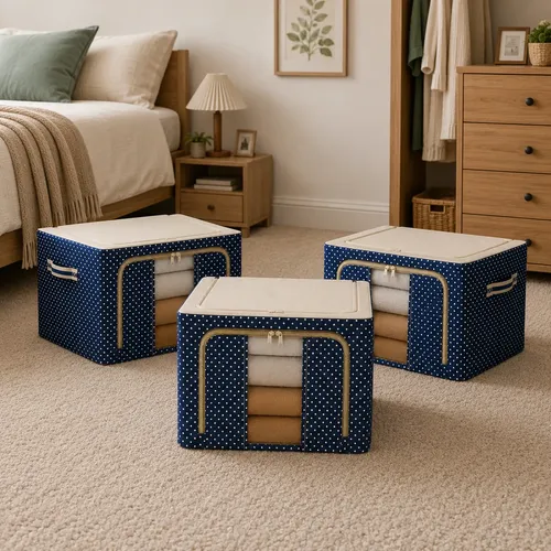 Pack X3 Cajas Organizadoras Plegables 50x40x30 Cm. 66 Lts. Azul Con Beige - Imagen 9