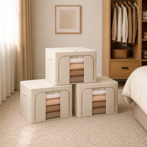 Pack X3 Cajas Organizadoras Plegables 50x40x30 Cm. 66 Lts. Azul Con Beige - Imagen 1