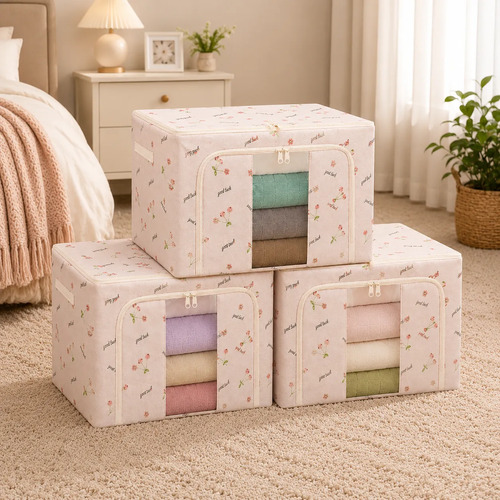 Pack X3 Cajas Organizadoras Plegables 50x40x30 Cm. 66 Lts. Azul Con Beige - Imagen 14
