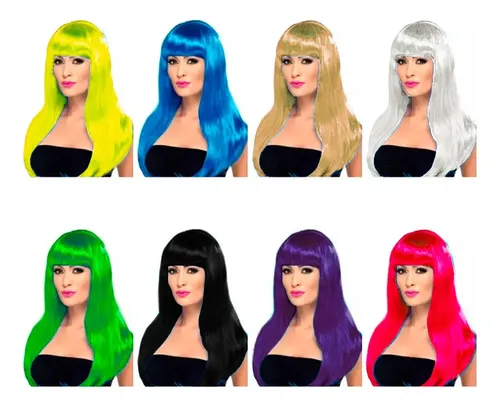Pack X6 Peluca Pelo Largo Colores Cotillón Cumpleaños 555 - Imagen 3