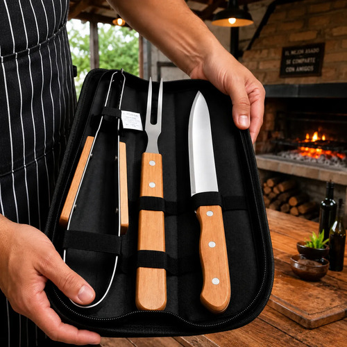 Kit Parrillero Cuchillo Pinza Y Tenedor Para Asado - Imagen 2