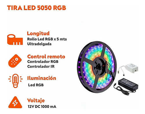 Tira led rgb con control remoto exterior - 5 Metros (5050) - Imagen 2